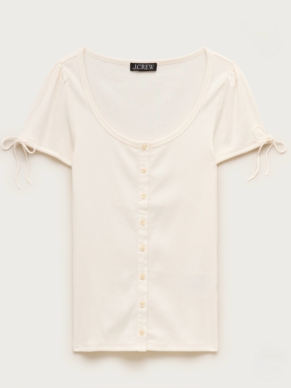 J. Crew Perfect Ribbed Button-Front Scoop Neck Top with Satin Trim, Ivory